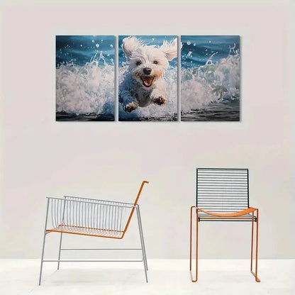 3pcs Adorable White Dog Running in Water Metal Print Ready to Hang Art