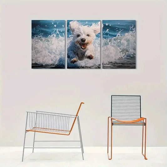 3pcs Adorable White Dog Running in Water Metal Print Ready to Hang Art