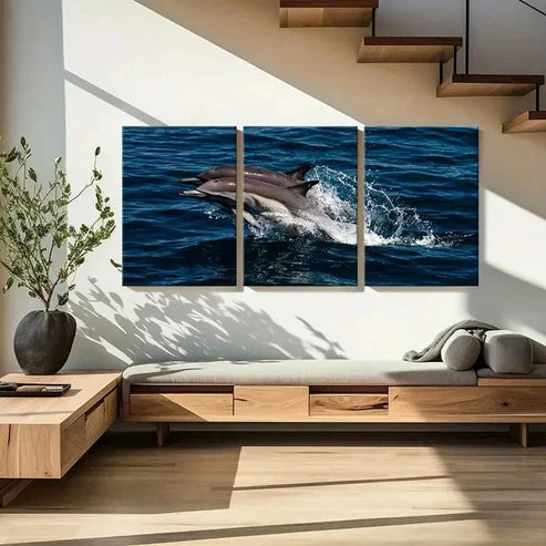 3pcs Dolphins Jumping Out Of The Sea Marine Life Wall Art Canvas Unframed - High Quality Print 100% Australian Made Wall Canvas