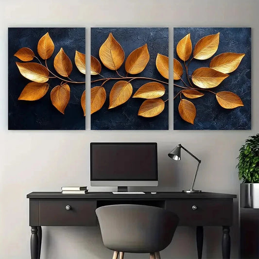 3pcs Tropical Plant Life Exotic Golden Leaves Metal Print Ready to Hang Art