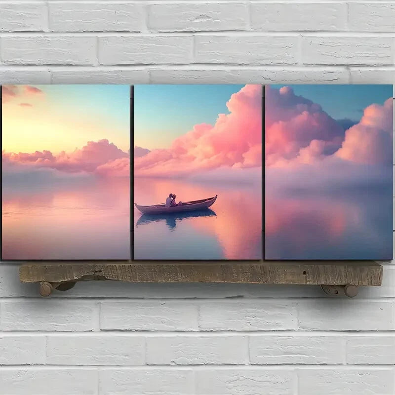 3pcs A Ship in The Pink Sea of Clouds Metal Print Ready to Hang Art
