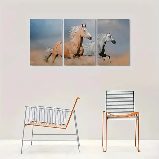 3pcs Dynamic Horse Brown and Gray Metal Print Ready to Hang Art
