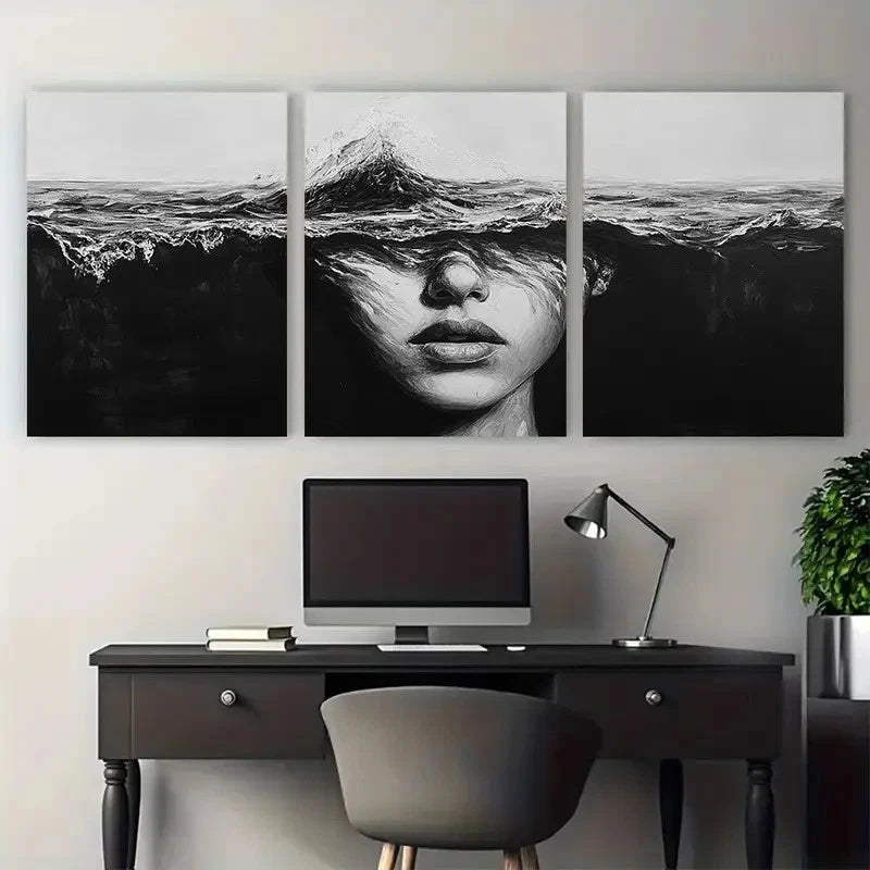 3pcs Abstract Lady Face Black And White Ocean Wall Art Set Canvas Framed 60x90cm - High Quality Print 100% Australian Made Wall Canvas Ready to Hang