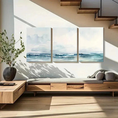 3pcs Tranquil Ocean Waves with Misty Sky Wall Art Set Canvas Framed 40x60cm - High Quality Print 100% Australian Made Wall Canvas Ready to Hang