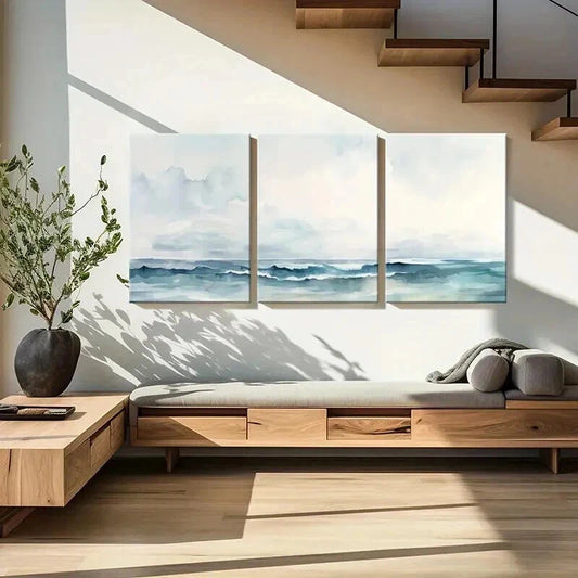 3pcs Tranquil Ocean Waves with Misty Sky Wall Art Set Canvas Framed 40x60cm - High Quality Print 100% Australian Made Wall Canvas Ready to Hang