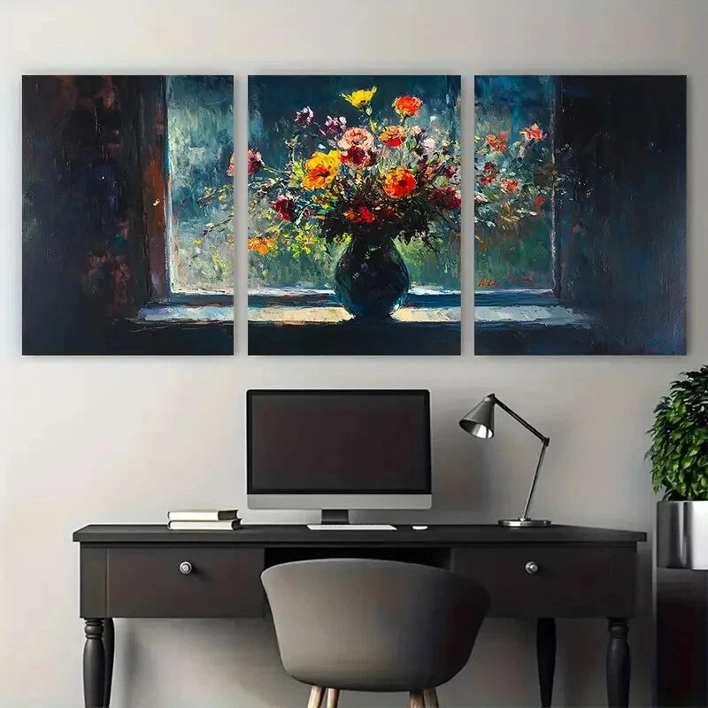 3pcs Vase by the Window Still Life in Dark Colors Metal Print Ready to Hang Art