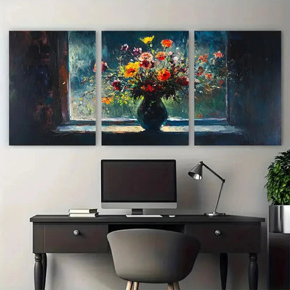 3pcs Vase by the Window Still Life in Dark Colors Metal Print Ready to Hang Art