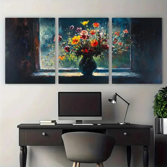 3pcs Vase by the Window Still Life in Dark Colors Metal Print Ready to Hang Art