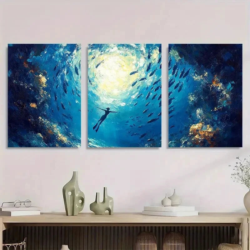 3pcs Sea Ocean Teal Blue Green Abstract Metal Print Ready to Hang Art