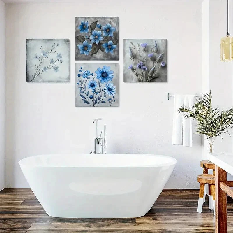 4pcs Blue Flower Botanical Posters Wall Art Canvas Framed