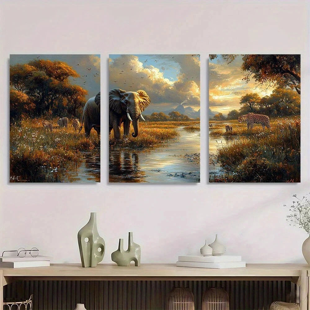 3pcs Jungle Animals Scene with Elephant Metal Print Ready to Hang Art