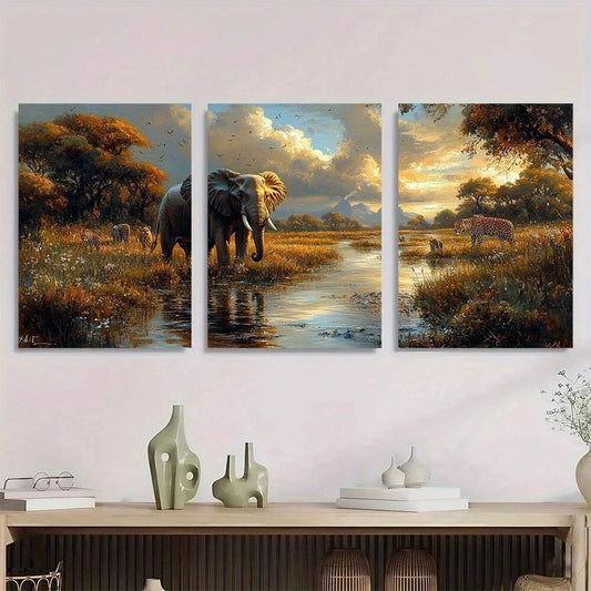 3pcs Jungle Animals Scene with Elephant Metal Print Ready to Hang Art