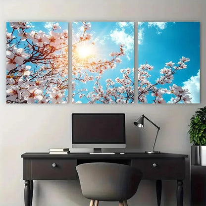 3pcs Blossom Tree Under Sun Blue Skies Metal Print Ready to Hang Art