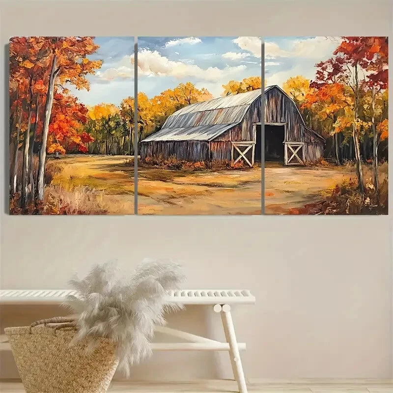 3pcs Barn Rustic Fall Farmhouse Scene Metal Print Ready to Hang Art