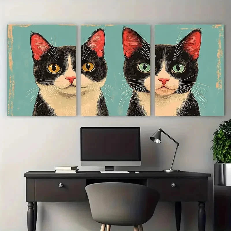 3pcs Retro Style Cat Illustration Wall Art Set Canvas Framed 40x60cm - High Quality Print 100% Australian Made Wall Canvas Ready to Hang