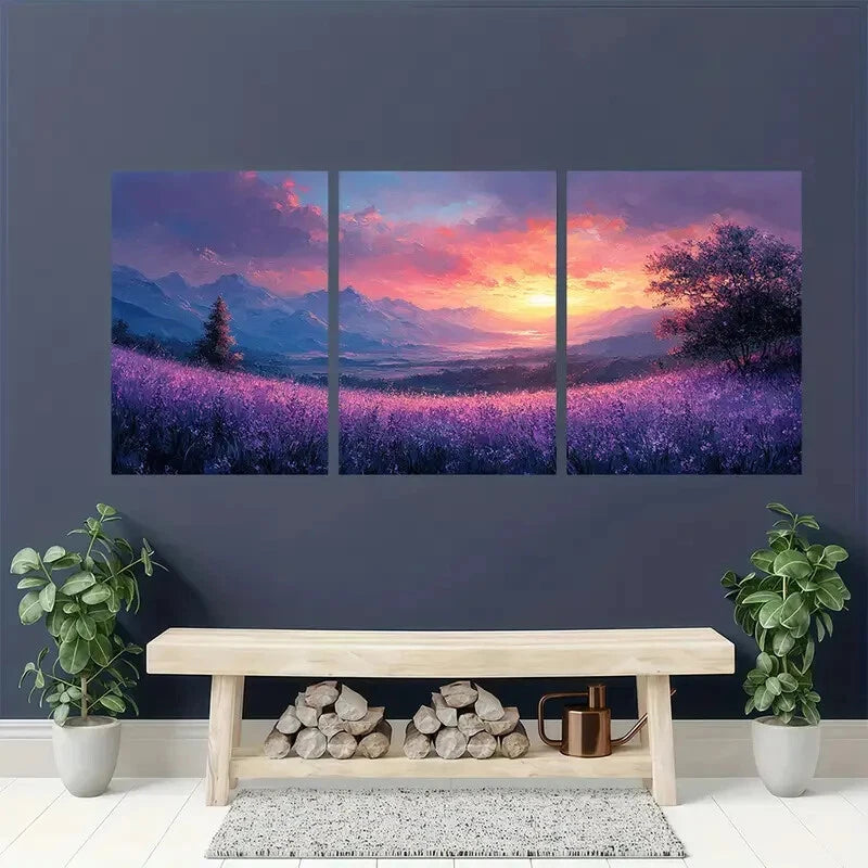 3pcs Soft Pastel Floral Fields with Mountains Metal Print Ready to Hang Art