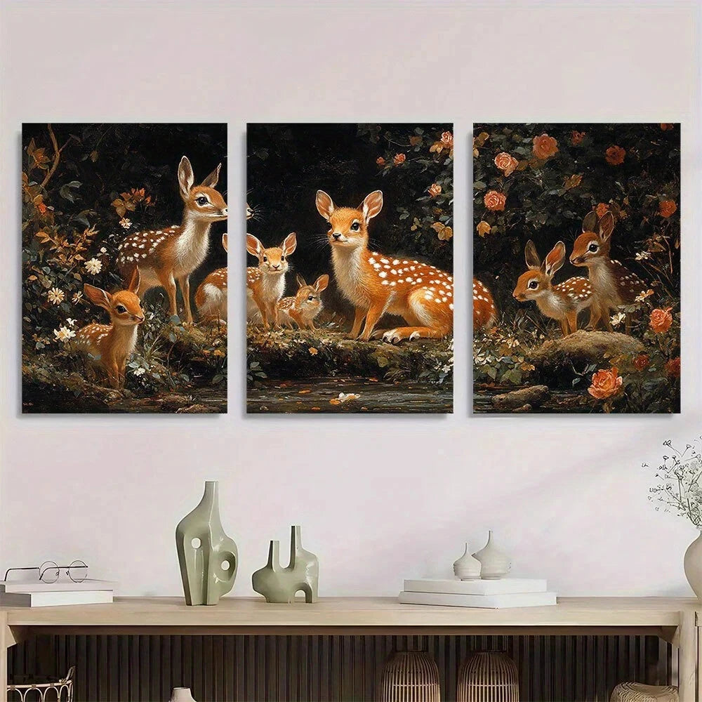 3pcs Fox Hedgehog Rabbit & Sika Deer Forest Metal Print Ready to Hang Art