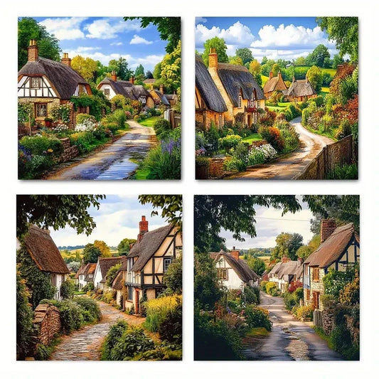 4pcs Old English Village Scene River Wall Art Canvas Framed