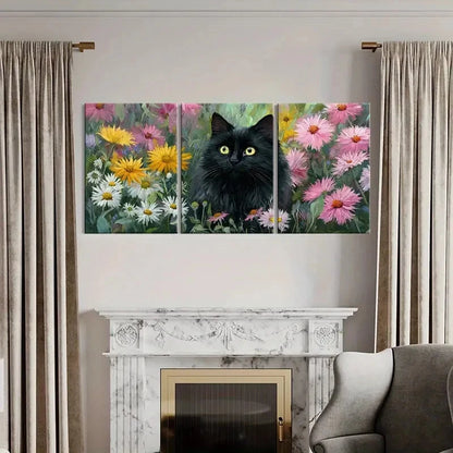 3pcs Black Cat Among Colorful Flowers Floral Metal Print Ready to Hang Art