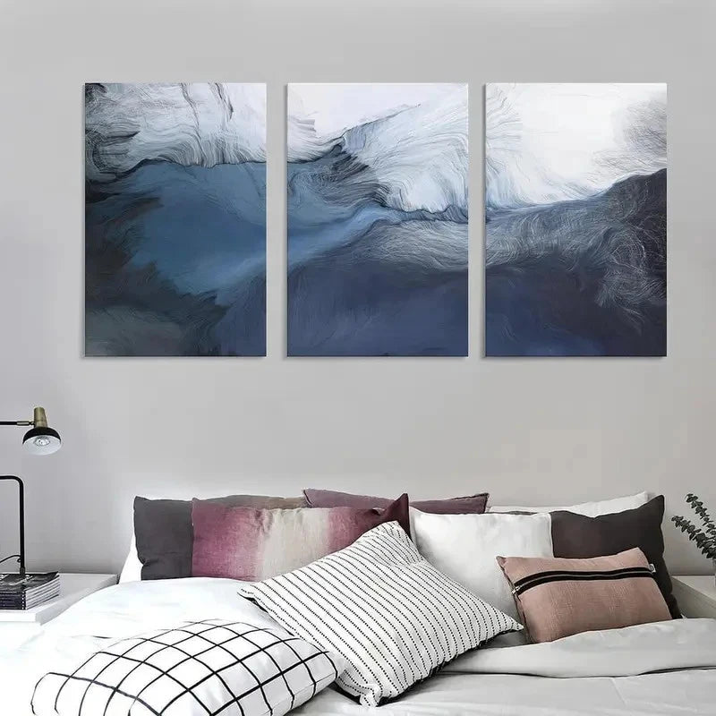3pcs Abstract Art Navy Blue and Lines Graffiti Metal Print Ready to Hang Art