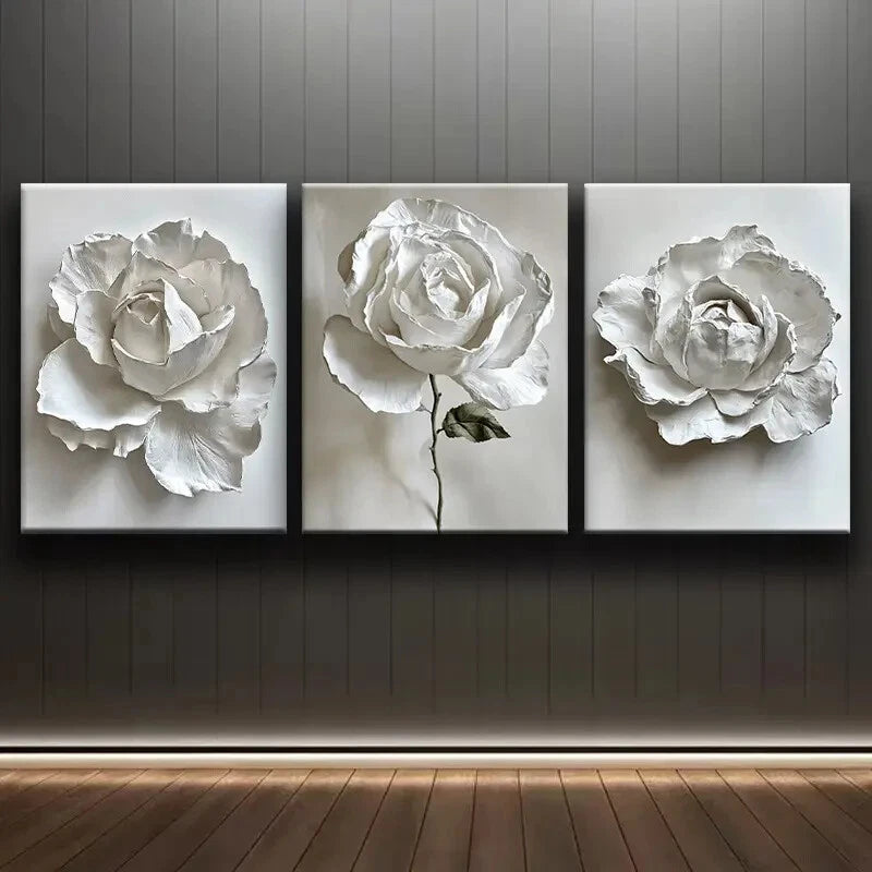 3pcs Elegant White Rose Floral Paintings Metal Print Ready to Hang Art