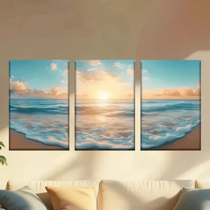 3pcs Beach with Waves and a Boat Wall Art Canvas Unframed – High Quality Print 100% Australian Made Wall Canvas