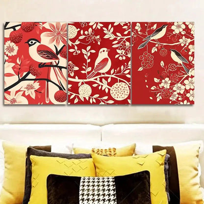 3pcs Three Red Panels with Birds and Flowers Wall Art Set Canvas Framed 40x60cm - High Quality Print 100% Australian Made Wall Canvas Ready to Hang