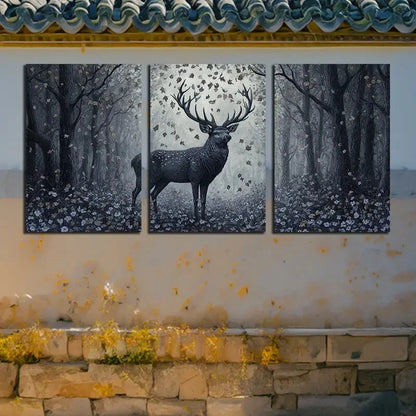 3pcs Leaves Falling on the Forest Deer Dark Theme Metal Print Ready to Hang Art