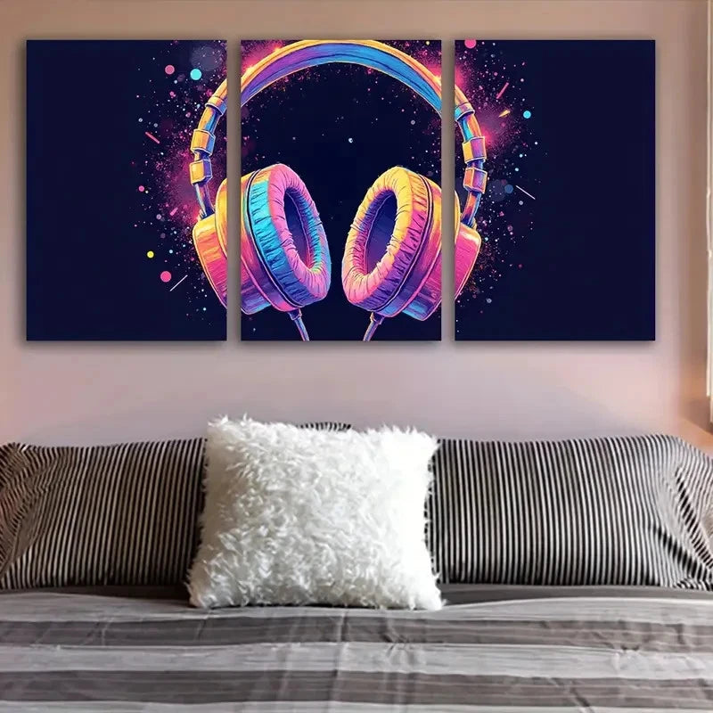 3pcs Vibrant Headphone Canvas Art Wall Art Set Canvas Framed 60x90cm - High Quality Print 100% Australian Made Wall Canvas Ready to Hang