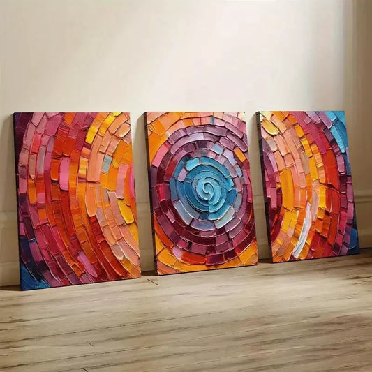 3pcs Vibrant Geometric Stone Brick Circular Wall Art Set Canvas Framed 50x70cm - High Quality Print 100% Australian Made Wall Canvas Ready to Hang - Bella Home Decor