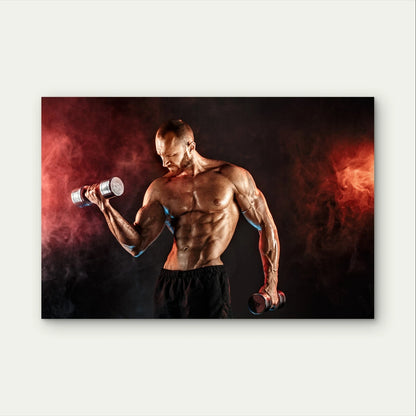 Athlete Doing Dumbbell Curls Red Smoke 5mm Plastic Poster Ready to Hang 90x60cm