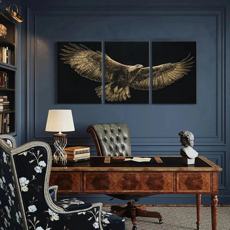 3pcs Eagle Art Golden Wings Wildlife Decor Metal Print Ready to Hang Art