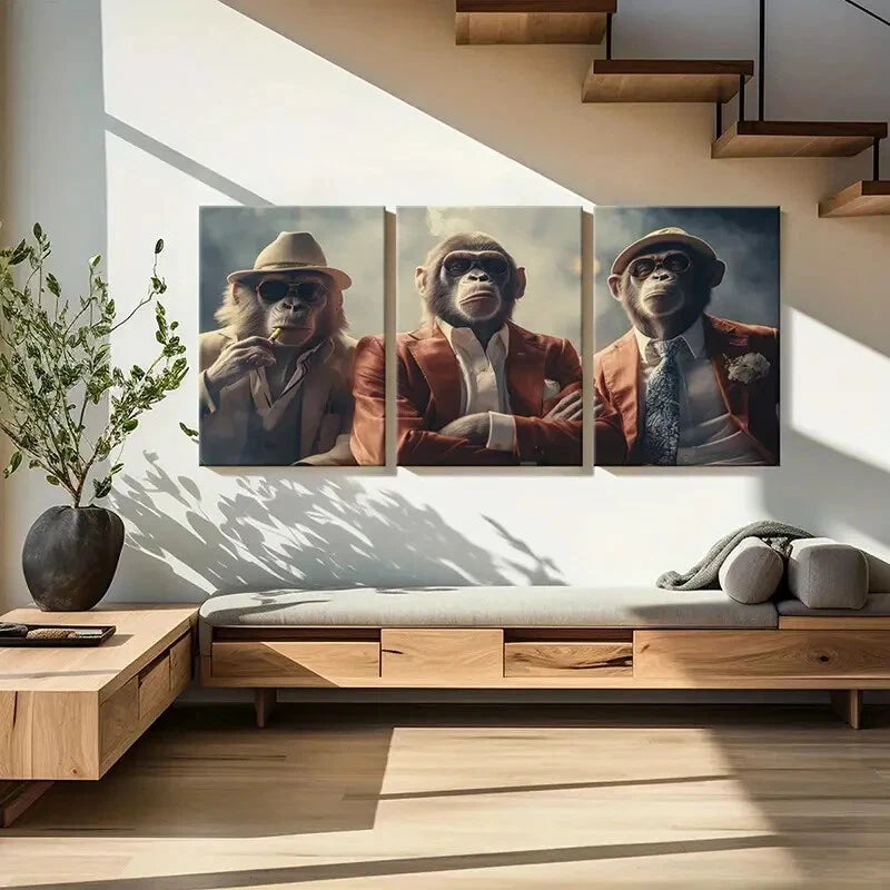 3pcs Stylish Monkeys in Suits Fashion Glasses Metal Print Ready to Hang Art