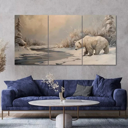 Polar Bear Winter Scenery 3 Piece Painting Style Canvas Framed 60x90 cm - High Quality Print 100% Australian Made Wall Canvas Ready to Hang