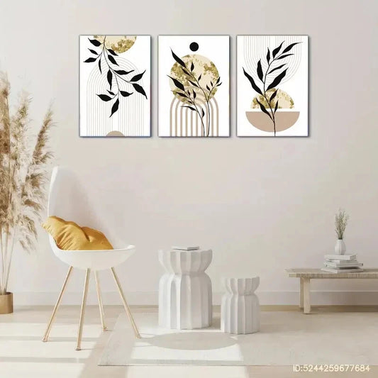 3pcs Modern Black & Beige Line Art Floral Metal Print Ready to Hang Art