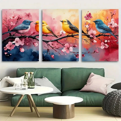 3pcs Vibrant Birds on a Tree in Soft Pastel Colors Metal Print Ready to Hang Art