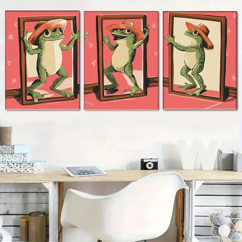 3pcs Vibrant Whimsical Cartoon Frog with Hat Metal Print Ready to Hang Art
