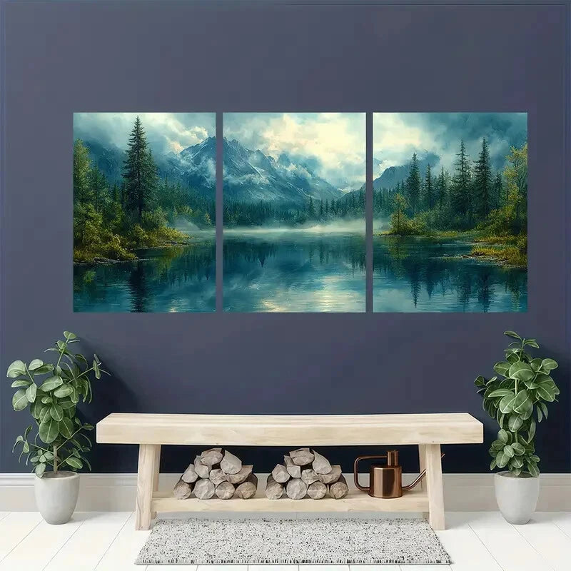 3pcs Barclay Lake Mountain Watercolor Landscape Metal Print Ready to Hang Art