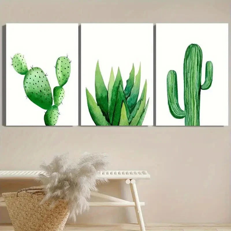 3pcs Watercolor Style Green Cactus And Aloe Vera Metal Print Ready to Hang Art
