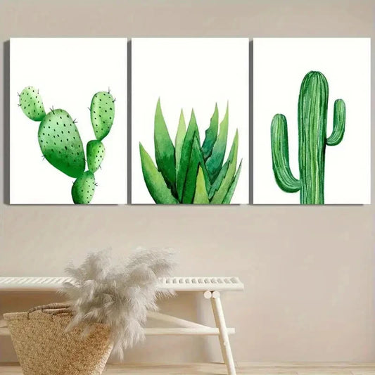 3pcs Watercolor Style Green Cactus And Aloe Vera Metal Print Ready to Hang Art