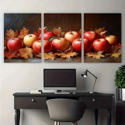 3pcs Still Life with Apples and Autumn Leaves Metal Print Ready to Hang Art
