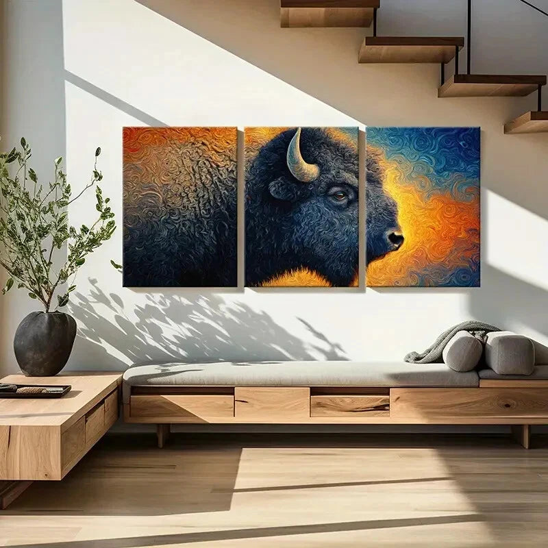 3pcs Abstract Bison Art Vibrant Colors Swirl Metal Print Ready to Hang Art