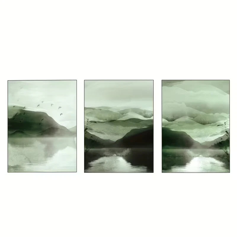 3pcs Green Watercolor Landscape Abstract Wall Art Set Canvas Framed 60x90cm - High Quality Print 100% Australian Made Wall Canvas Ready to Hang