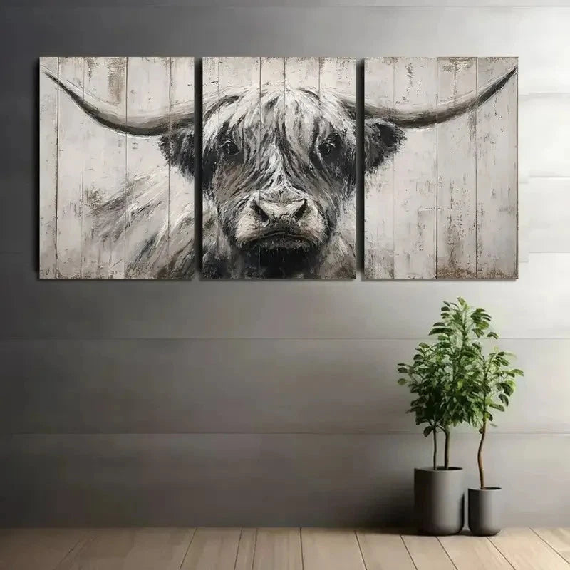 3pcs Hand-Painted Highland Cow Portrait Metal Print Ready to Hang Art