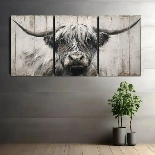 3pcs Hand-Painted Highland Cow Portrait Metal Print Ready to Hang Art