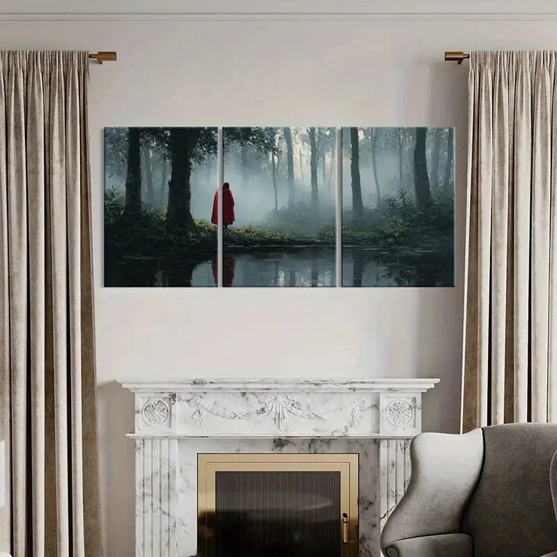 3pcs Mystical Forest Scene Red Cloak Figure Metal Print Ready to Hang Art