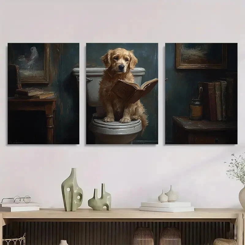 3pcs Whimsical Dog Reading on Toilet Metal Print Ready to Hang Art