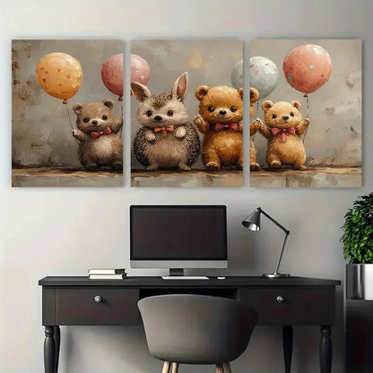 3pcs Bunny Hedgehog Teddy Bear Party Balloons Metal Print Ready to Hang Art