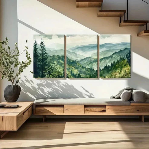 3pcs Vintage Mountain Green Forest Misty Hills Wall Art Set Canvas Unframed - High Quality Print 100% Australian Made Wall Canvas