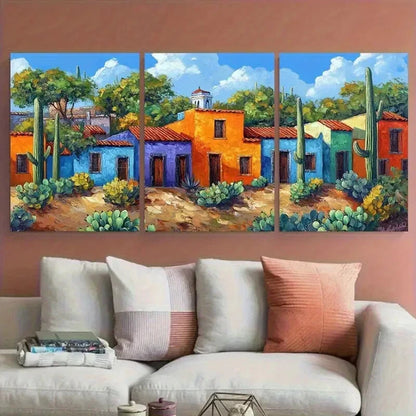 3pcs Vibrant Mexican Hacienda Old Town Metal Print Ready to Hang Art